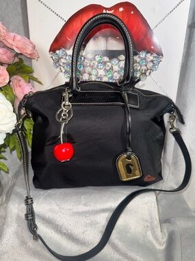 Dooney & Bourke Black Nylon Satchel Florentine Vacchetta leather trim